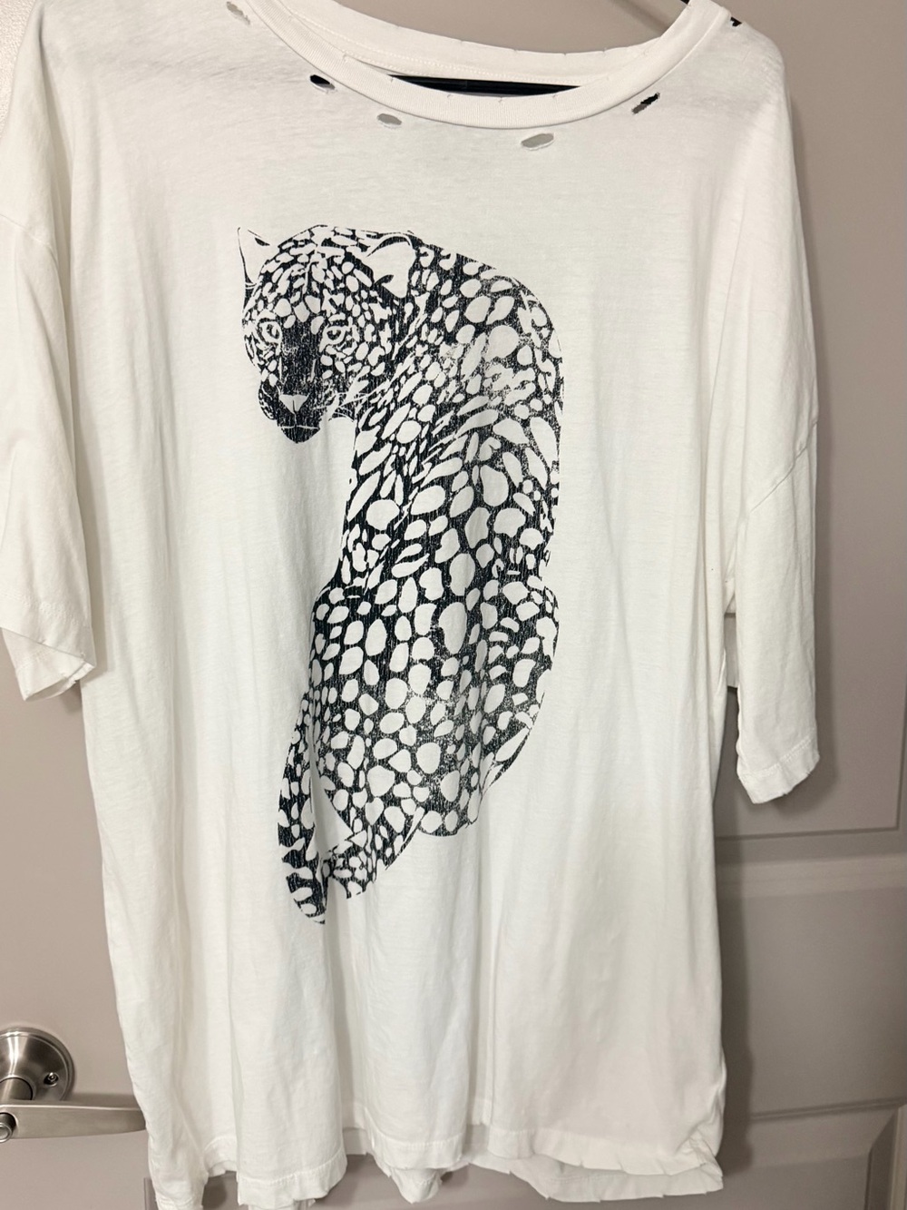 Promesa White Short-Sleeve Tee with Black Leopard Graphic